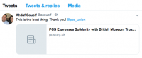 Ahdaf Soueif's tweet to the PCS union, 19.7.19